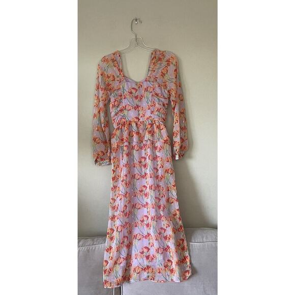 BURU Lavender Floral Print MIDI Peplum Dress Metallic Trim Size XS Front To Back - Picture 2 of 7